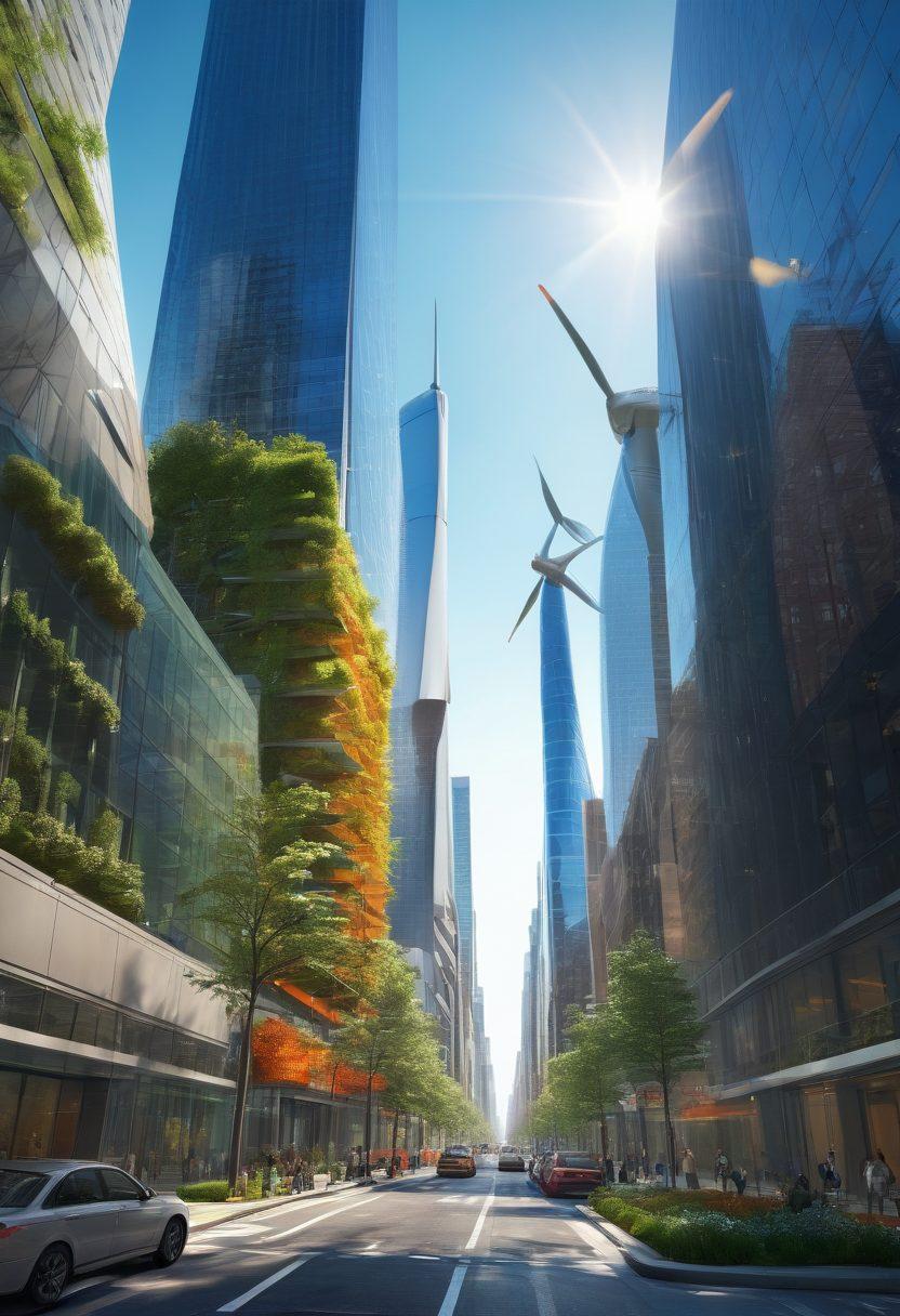 A dynamic skyline of New York City featuring wind turbines and solar panels integrated into iconic buildings, symbolizing clean energy. Below, diverse groups of people engage with smart technology like electric car chargers and mobile apps for energy management. Bright sunlight bathes the scene, reflecting on solar panels. Add futuristic elements like flying cars and green rooftops. vibrant colors. super-realistic.