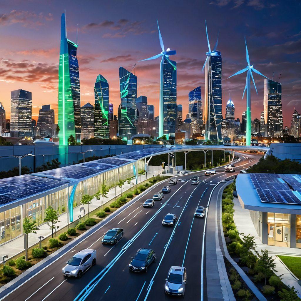 A futuristic city skyline powered by green energy sources like solar panels and wind turbines, with Con Edison branding integrated into modern architecture. Smart grids illustrated with glowing lines connect buildings while electric vehicles charge at stations. Lush greenery and eco-conscious designs highlight efficiency and sustainability. The sky is bright with soft clouds, symbolizing a clean future. super-realistic. vibrant colors.