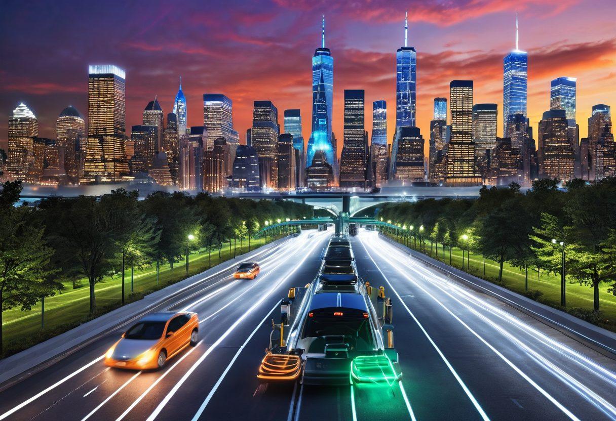 A bustling New York City skyline illuminated by vibrant smart grid technology with visible energy flow lines, people interacting with digital interfaces, lush green parks integrated with solar panels, and futuristic vehicles. The scene showcases the harmony between urban life and advanced energy solutions. dynamic and engaging. super-realistic. vibrant colors.